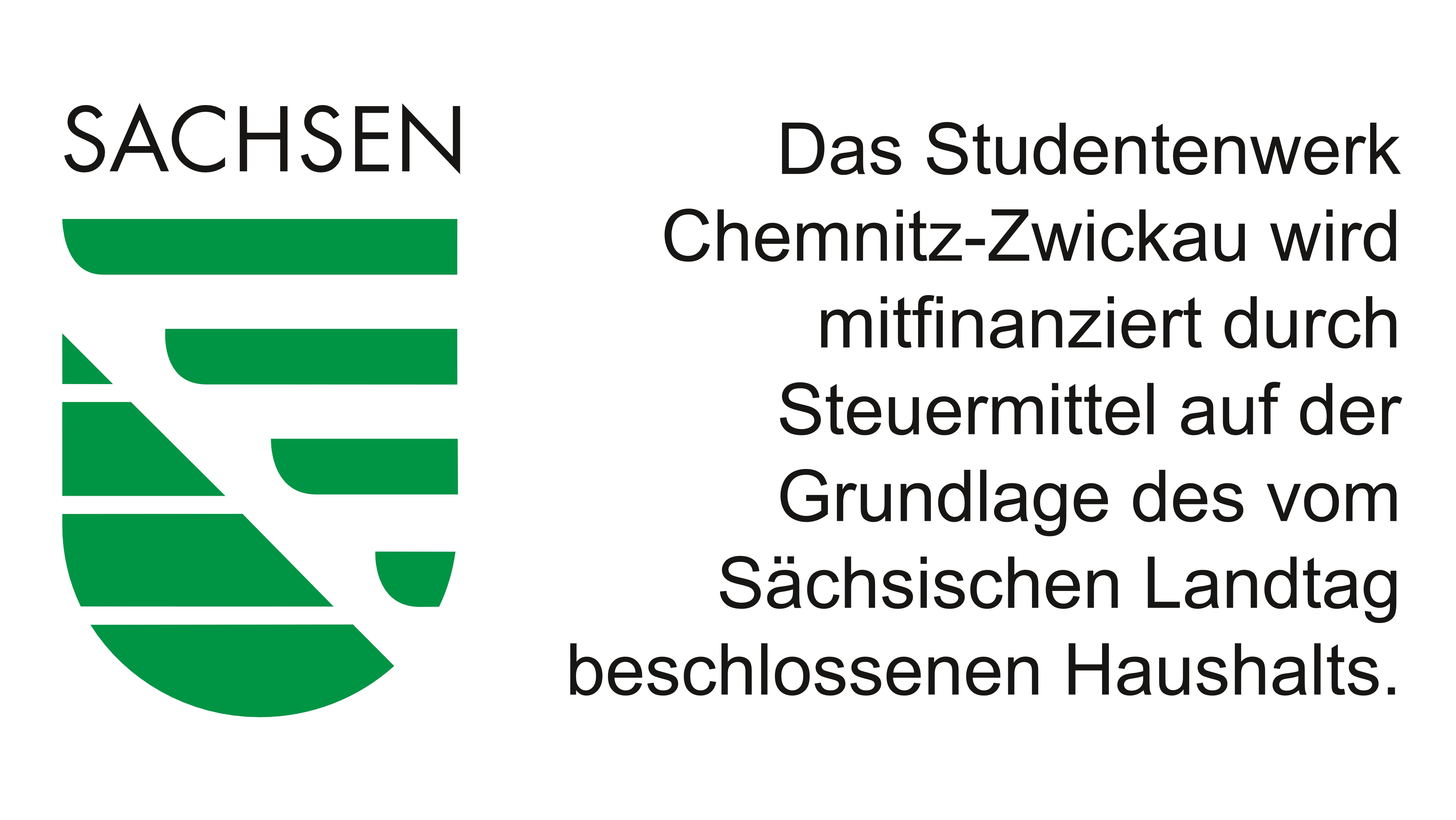 Signet Land Sachsen mit Text "Das Studentenwerk Chemnitz-Zwickau wird mitfinanziert durch Steuermittel auf der Grundlage des vom Sächsischen Landtag beschlossenen Haushalts."